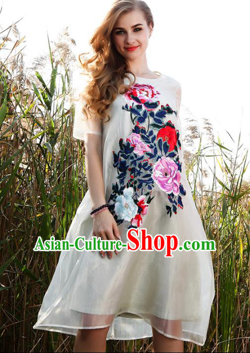 Chinese National Costume White Organza Cheongsam Embroidered Peony Qipao Dress for Women