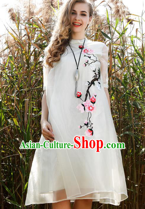 Chinese National Costume White Organza Cheongsam Embroidered Mangnolia Qipao Dress for Women