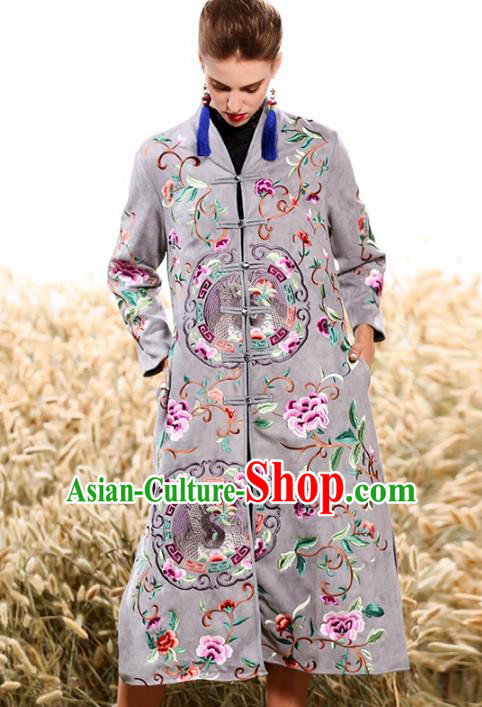 Chinese National Costume Plated Buttons Coats Traditional Embroidered Grey Dust Coat for Women