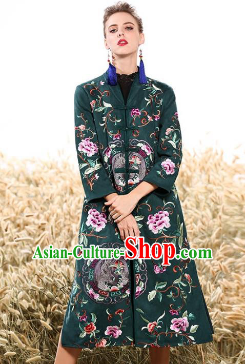 Chinese National Costume Plated Buttons Coats Traditional Embroidered Green Dust Coat for Women