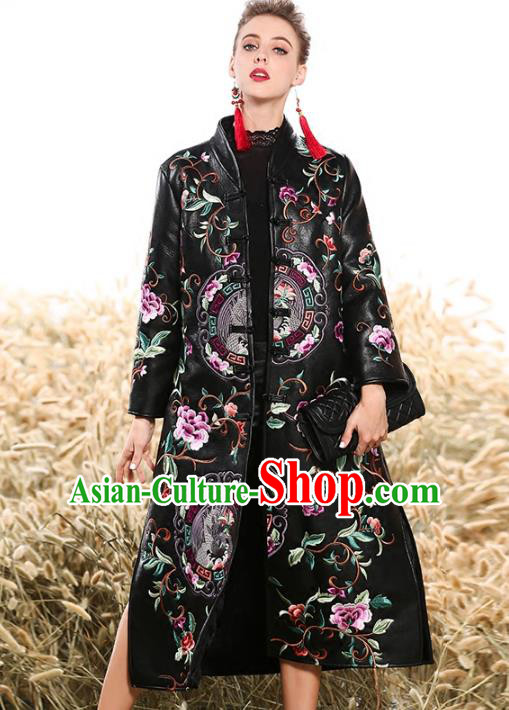 Chinese National Costume Plated Buttons Coats Traditional Embroidered Black Dust Coat for Women