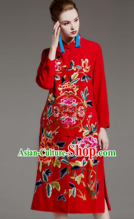 Chinese National Costume Embroidered Peony Coats Traditional Red Dust Coat for Women