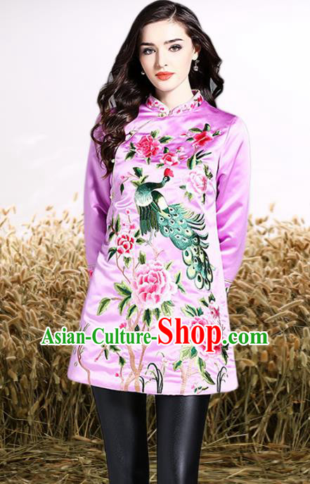 Chinese National Costume Tang Suit Lilac Shirts Traditional Embroidered Peony Blouse for Women