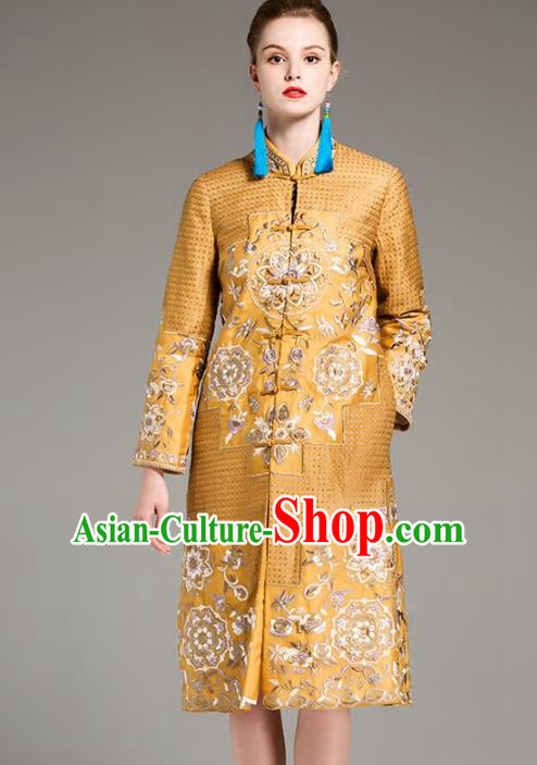 Chinese National Costume Embroidered Golden Coats Traditional Dust Coat for Women