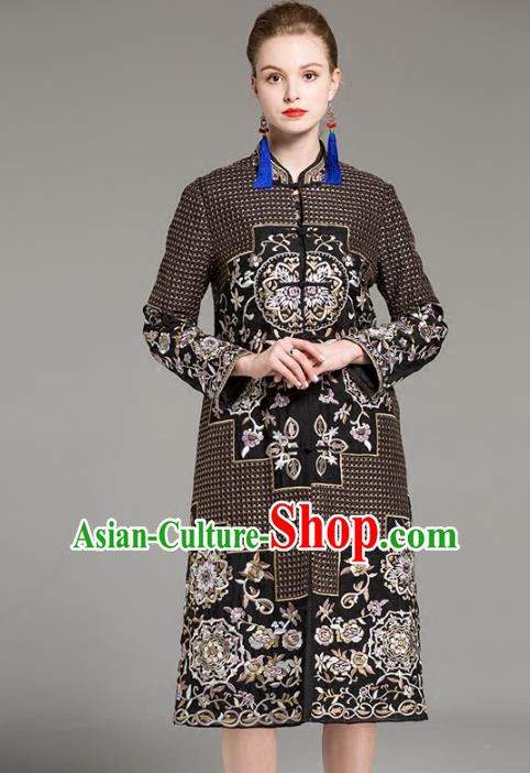 Chinese National Costume Embroidered Brown Coats Traditional Dust Coat for Women