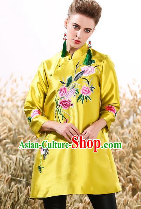 Chinese National Costume Tang Suit Yellow Shirts Traditional Embroidered Peony Blouse for Women