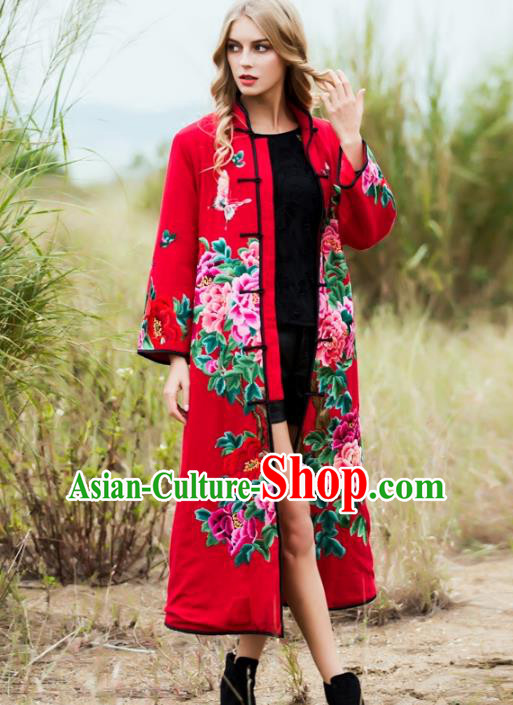 Chinese National Costume Tang Suit Coats Traditional Embroidered Peony Red Dust Coat for Women