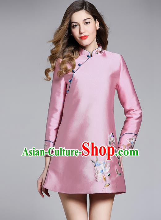 Chinese National Costume Cheongsam Embroidered Pink Dress Tang Suit Qipao for Women