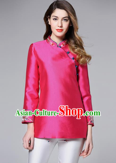 Chinese National Costume Tang Suit Rosy Shirts Traditional Embroidered Blouse for Women