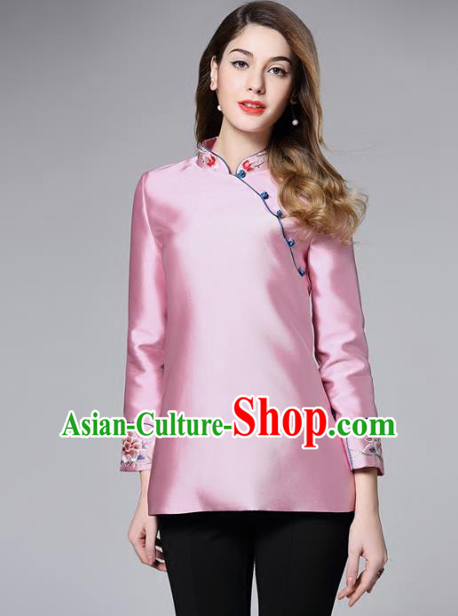 Chinese National Costume Tang Suit Pink Shirts Traditional Embroidered Blouse for Women