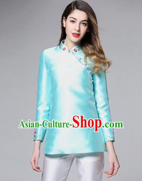 Chinese National Costume Tang Suit Blue Shirts Traditional Embroidered Blouse for Women