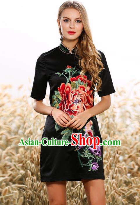 Chinese National Costume Cheongsam Embroidered Peony Black Dress Tang Suit Qipao for Women