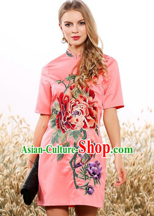 Chinese National Costume Cheongsam Embroidered Peony Pink Dress Tang Suit Qipao for Women