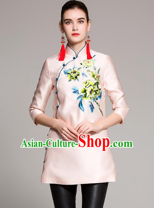Chinese National Costume Tang Suit Shirts Traditional Embroidered Pink Blouse for Women