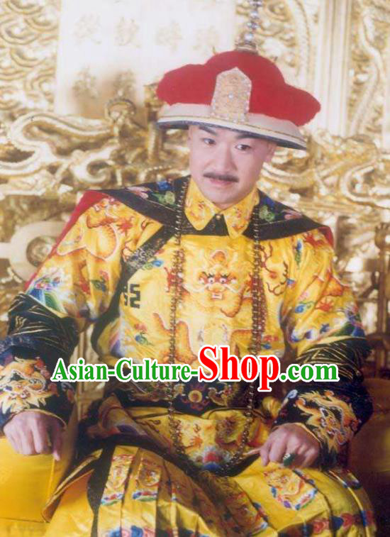 Chinese Traditional Historical Costume China Qing Dynasty Kangxi Emperor Embroidered Dragon Robe Clothing