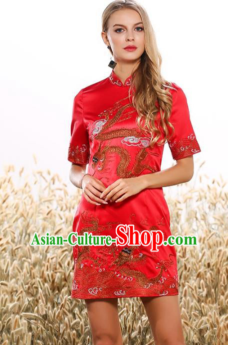 Chinese National Costume Tang Suit Red Qipao Dress Traditional Embroidered Dragon Cheongsam for Women