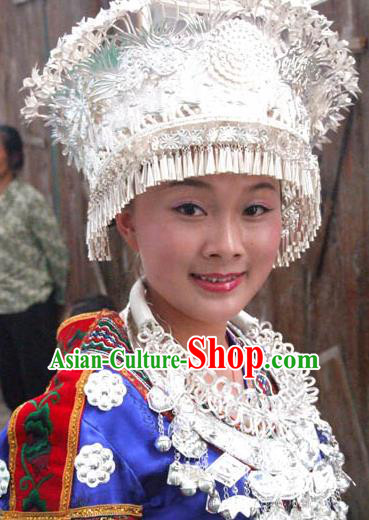 Traditional Chinese Miao Nationality Wedding Hats Hair Accessories Sliver Crown Headwear for Women