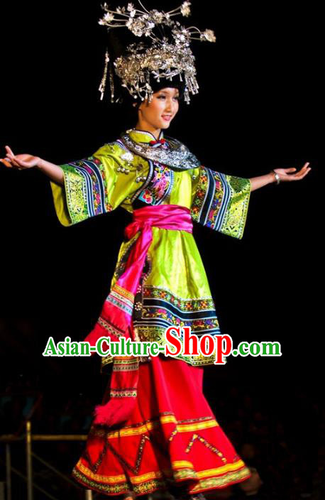 Traditional Chinese Miao Minority Nationality Dance Green Costume Hmong Female Folk Dance Dress for Women