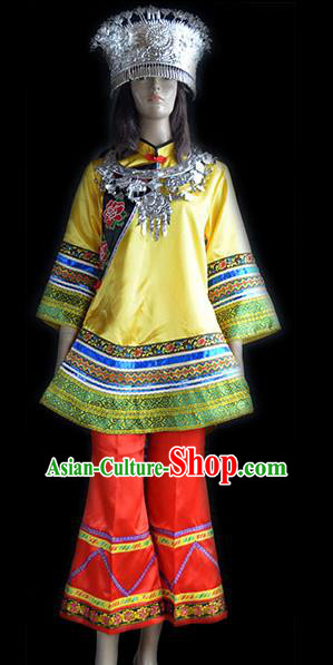 Traditional Chinese Miao Minority Nationality Dance Yellow Costume Hmong Female Folk Dance Dress for Women
