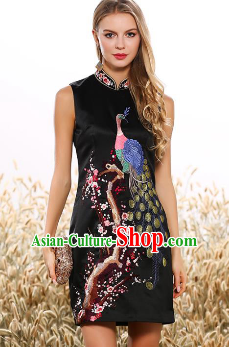 Chinese National Costume Tang Suit Black Qipao Dress Traditional Embroidered Peacock Cheongsam for Women