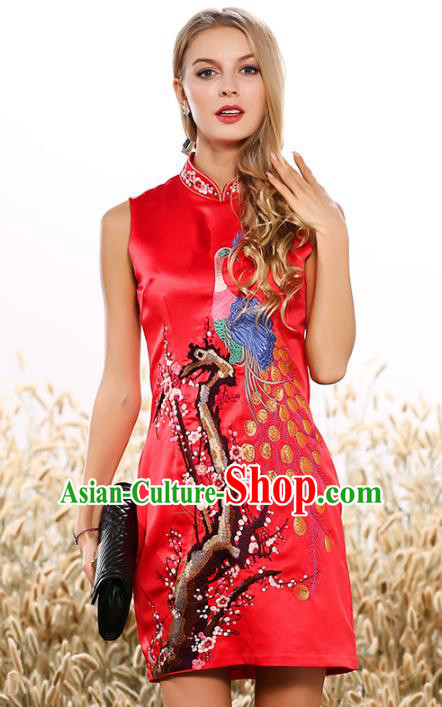 Chinese National Costume Tang Suit Red Qipao Dress Traditional Embroidered Peacock Cheongsam for Women