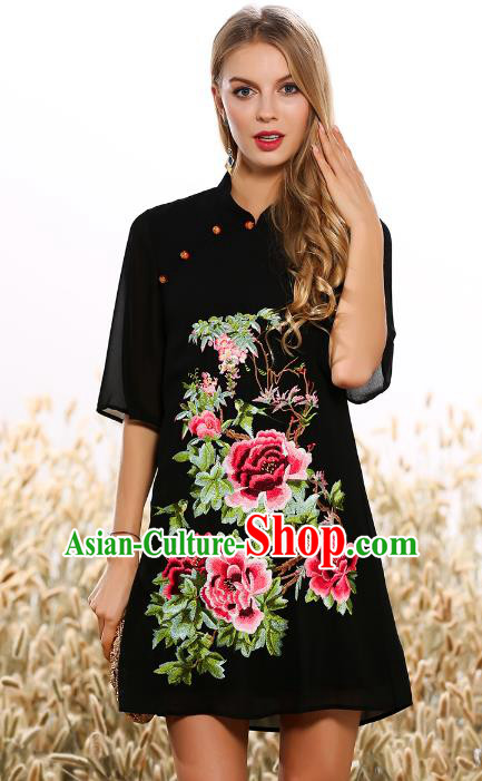 Chinese National Costume Tang Suit Black Qipao Dress Traditional Embroidered Peony Cheongsam for Women