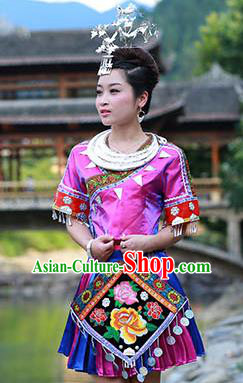 Traditional Chinese Miao Minority Nationality Costume Hmong Folk Dance Purple Dress for Women