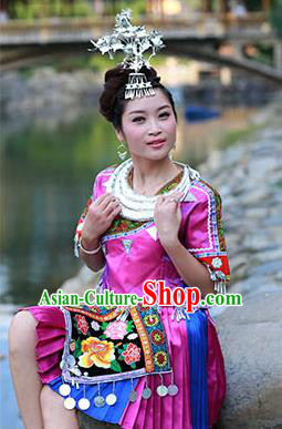 Traditional Miao Nationality Dance Clothing and Headwear Sliver Headpiece Hmong Minority Costumes and Hair Accessories