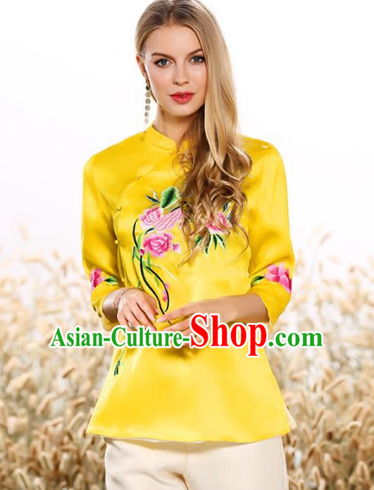 Chinese National Costume Tang Suit Qipao Yellow Blouse Traditional Embroidered Peony Shirts for Women