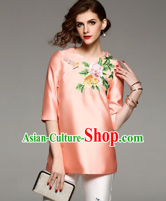 Chinese National Costume Tang Suit Qipao Shirts Traditional Embroidered Peony Orange Blouse for Women