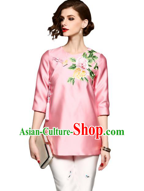 Chinese National Costume Tang Suit Qipao Shirts Traditional Embroidered Peony Pink Blouse for Women