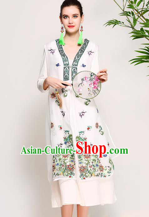 Chinese National Costume Tang Suit White Dust Coats Traditional Embroidered Coat for Women