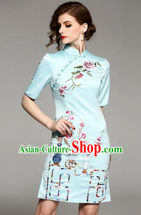 Chinese National Costume Tang Suit Silk Qipao Dress Traditional Embroidered Blue Cheongsam for Women