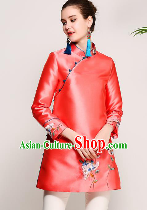 Chinese National Costume Tang Suit Red Blouse Traditional Embroidered Upper Outer Garment for Women