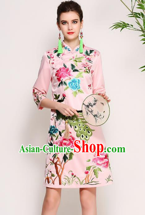 Chinese National Costume Tang Suit Pink Silk Qipao Dress Traditional Embroidered Peony Cheongsam for Women