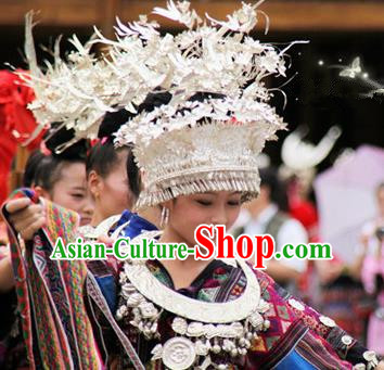 Traditional Chinese Miao Nationality Wedding Phoenix Coronet Hair Accessories Sliver Crown Headwear for Women