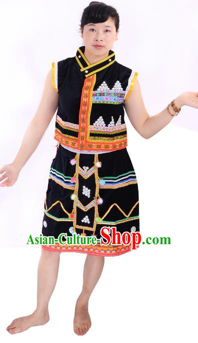 Traditional Chinese Wa Nationality Folk Dance Black Costume China Ethnic Minority Skirt for Women