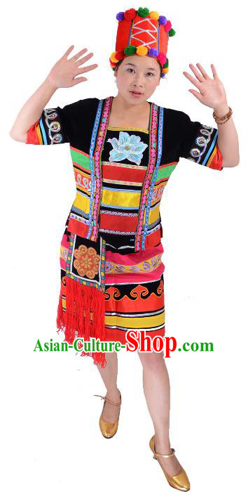 Traditional Chinese Hani Nationality Dance Costume, Female Folk Dance Ethnic Minority Embroidery Clothing for Women