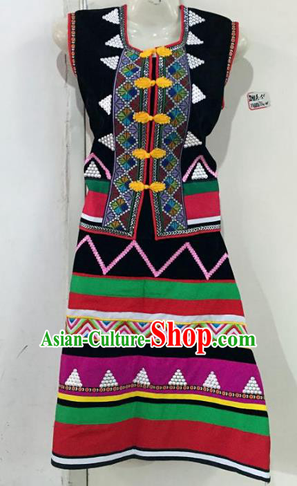 Traditional Chinese Wa Nationality Dance Costume, Female Folk Dance Ethnic Minority Embroidery Clothing for Women