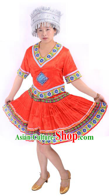 Traditional Chinese Miao Nationality Costume China Hmong Ethnic Minority Red Dress for Women