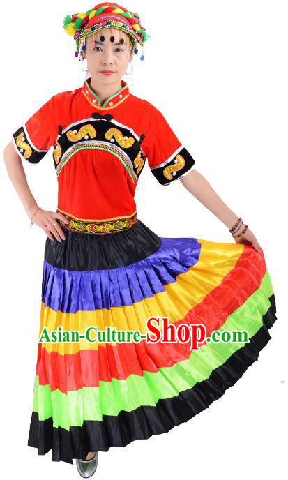 Traditional Chinese Yi Nationality Dance Costume, Female Folk Dance Yi Ethnic Minority Clothing for Women