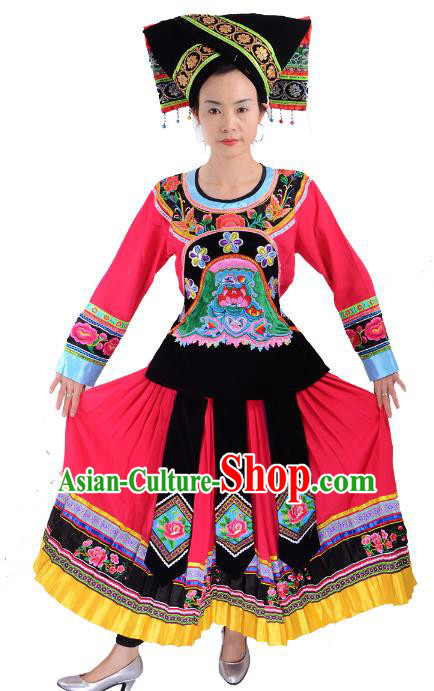 Traditional Chinese Yi Nationality Dance Pink Costume, Female Folk Dance Yi Ethnic Minority Clothing for Women