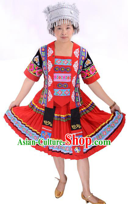 Traditional Chinese Miao Nationality Dance Costume, Chinese Minority Hmong Female Folk Dance Ethnic Pleated Skirt for Women