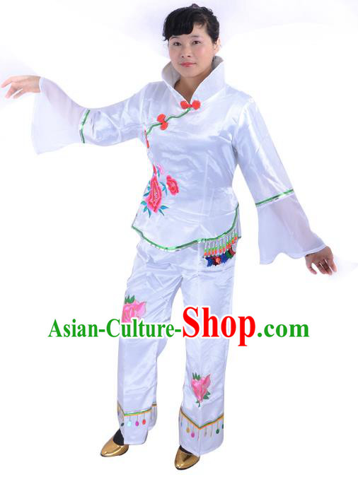 Traditional Chinese Classical Dance Yangge Fan Dancing Costume, Folk Dance Drum Dance White Uniform Yangko Costume for Women