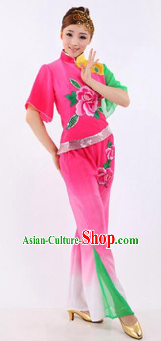 Traditional Chinese Classical Dance Yangge Fan Dancing Costume, Folk Dance Drum Dance Pink Uniform Yangko Costume for Women