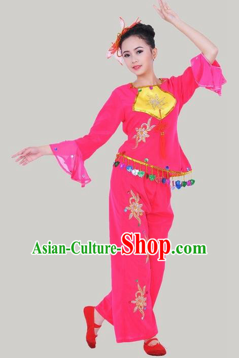 Traditional Chinese Classical Dance Yangge Fan Dancing Costume, Folk Dance Rosy Uniform Yangko Costume for Women