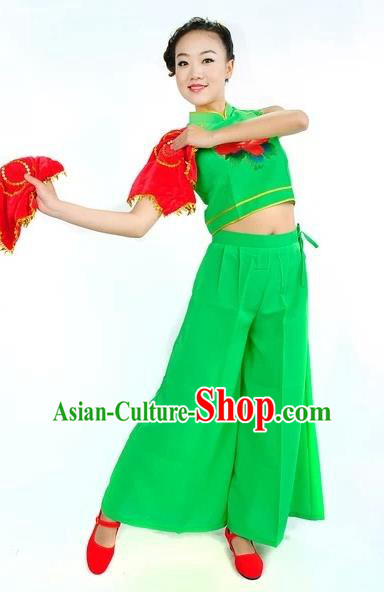 Traditional Chinese Classical Dance Yangge Fan Dancing Green Costume, Folk Dance Uniform Yangko Costume for Women