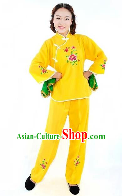 Traditional Chinese Yangge Fan Dance Costume, China Folk Dance Yellow Uniform Yangko Clothing for Women