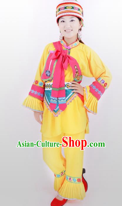 Traditional Chinese Sani Nationality Minority Dance Yellow Costume, Female Folk Dance Yi Ethnic Clothing for Women