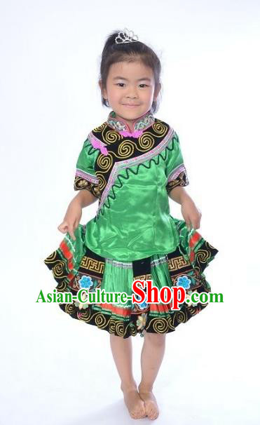 Traditional Chinese Yi Nationality Dance Costume, Folk Dance Ethnic Dance Green Dress for Kids